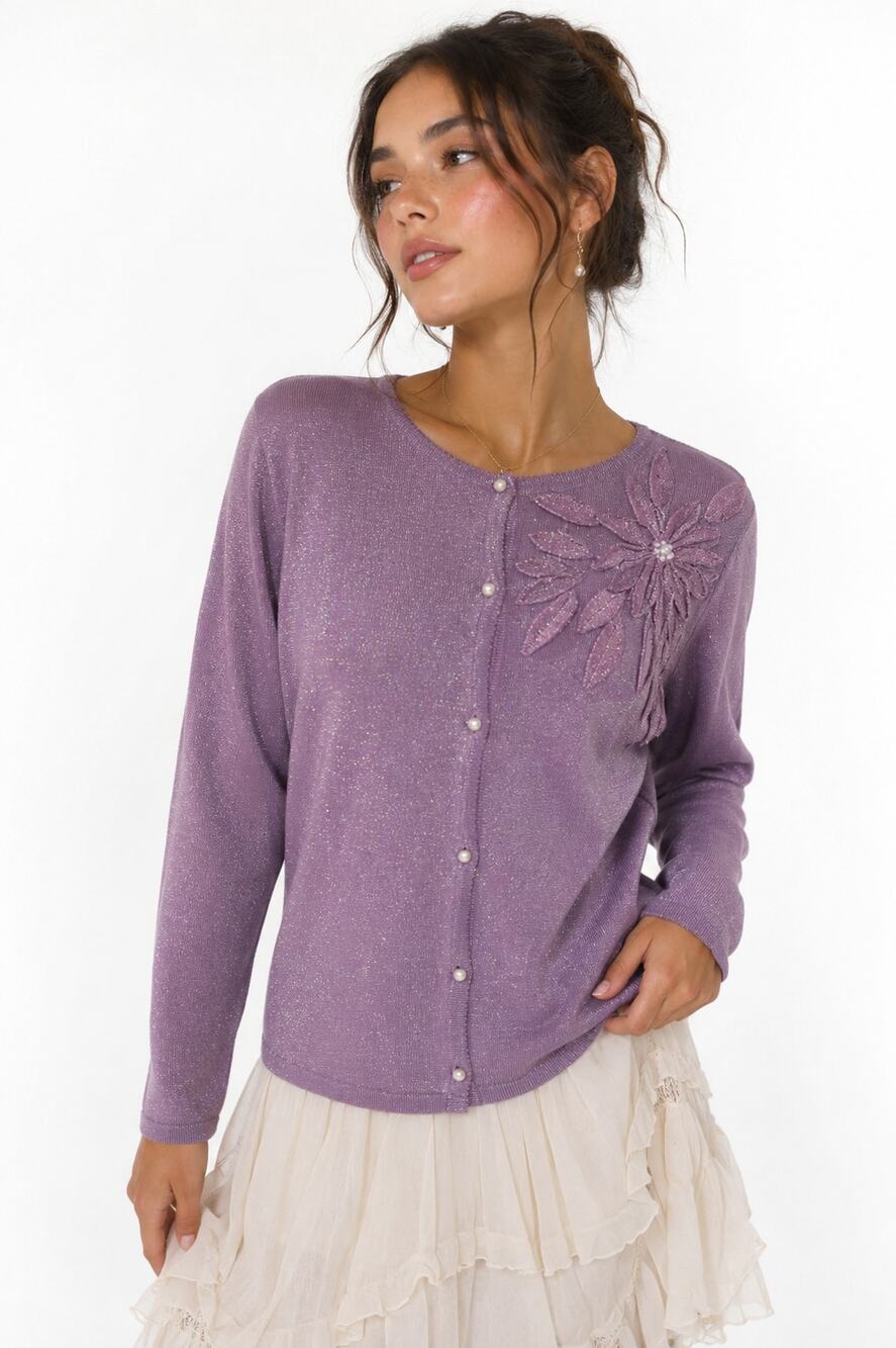 Vtg Lilac Iridescent Sparkle 3D Floral Fairy Romantic Cardigan Size M Coquette